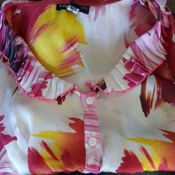 Fiery Tropical Ruffle Pleated Cap Sleeve Deep Scoop Tie Waist Top Sz PL - Picture 6 of 9